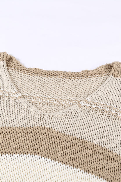 Khaki V-Neck Knitted Lantern Sleeve Pullover Sweater - DunbiBeauty, LLC