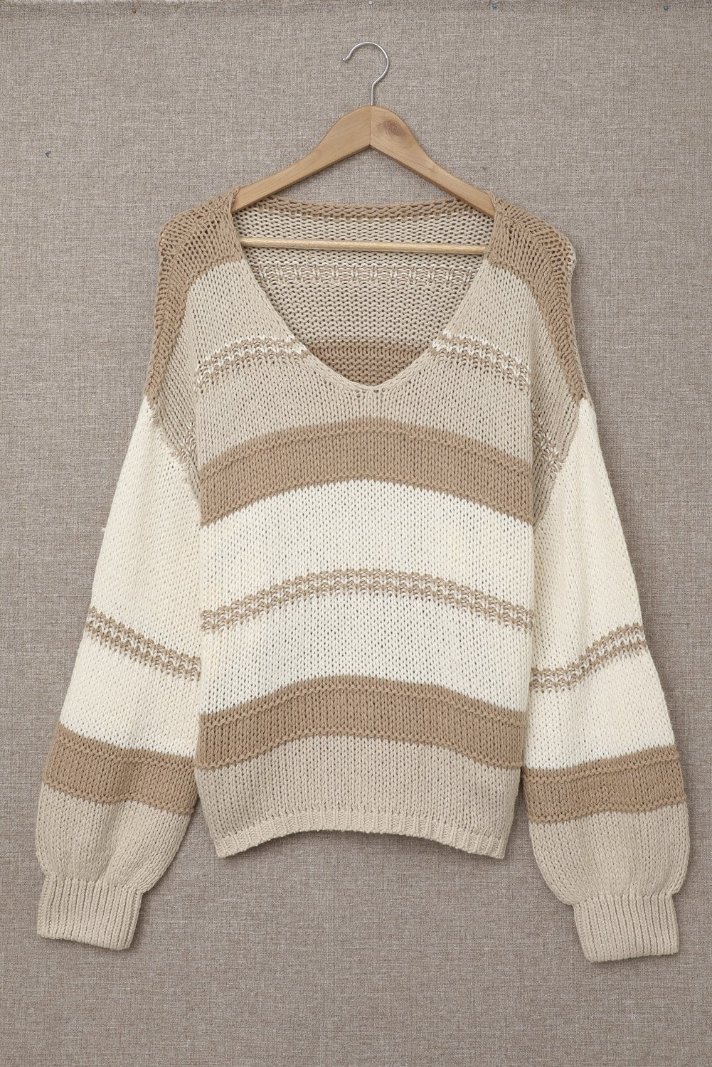 Khaki V-Neck Knitted Lantern Sleeve Pullover Sweater - DunbiBeauty, LLC