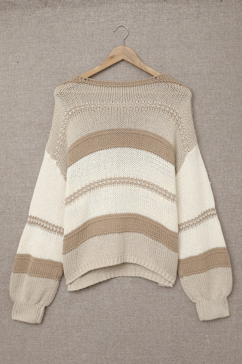 Khaki V-Neck Knitted Lantern Sleeve Pullover Sweater - DunbiBeauty, LLC