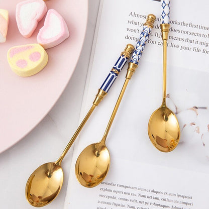 Kitchen Dessert Spoon Stainless Steel Coffee Milk Spoon With Ceramic Long Handle Spoon Gold-plated Dessert Spoon - DunbiBeauty, LLC