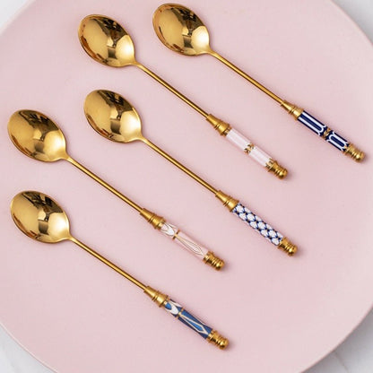 Kitchen Dessert Spoon Stainless Steel Coffee Milk Spoon With Ceramic Long Handle Spoon Gold-plated Dessert Spoon - DunbiBeauty, LLC