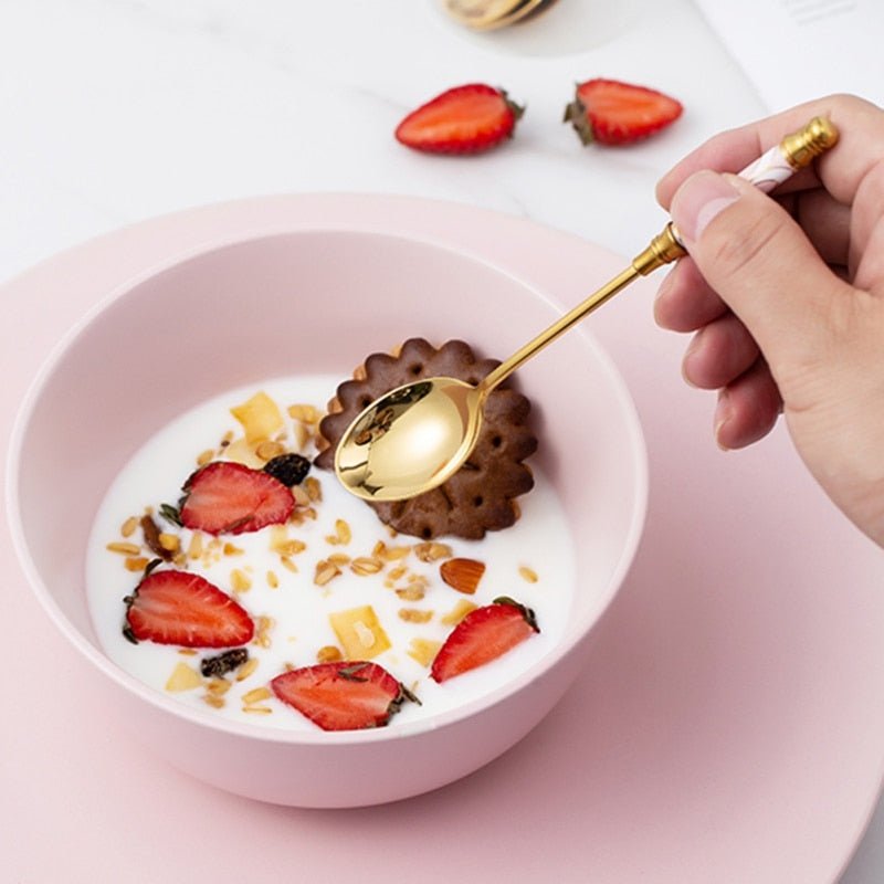 Kitchen Dessert Spoon Stainless Steel Coffee Milk Spoon With Ceramic Long Handle Spoon Gold-plated Dessert Spoon - DunbiBeauty, LLC