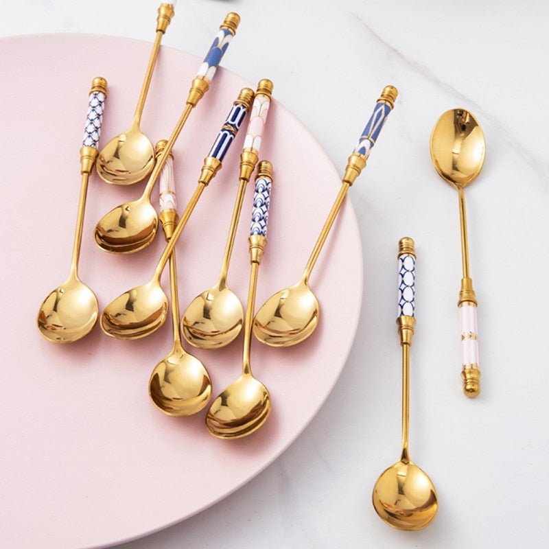 Kitchen Dessert Spoon Stainless Steel Coffee Milk Spoon With Ceramic Long Handle Spoon Gold-plated Dessert Spoon - DunbiBeauty, LLC