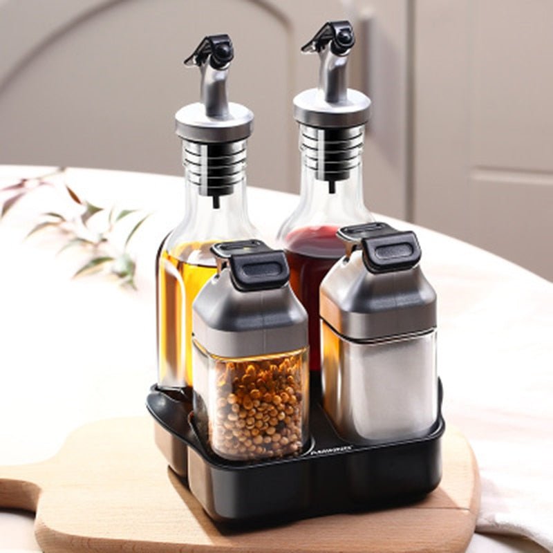 Kitchen Jars For Spices Rotating Glass Cruet Seasoning Jar Set BBQ Pepper Salt Shakers Paprika Bottle Kitchen Storage Rack Jar - DunbiBeauty, LLC