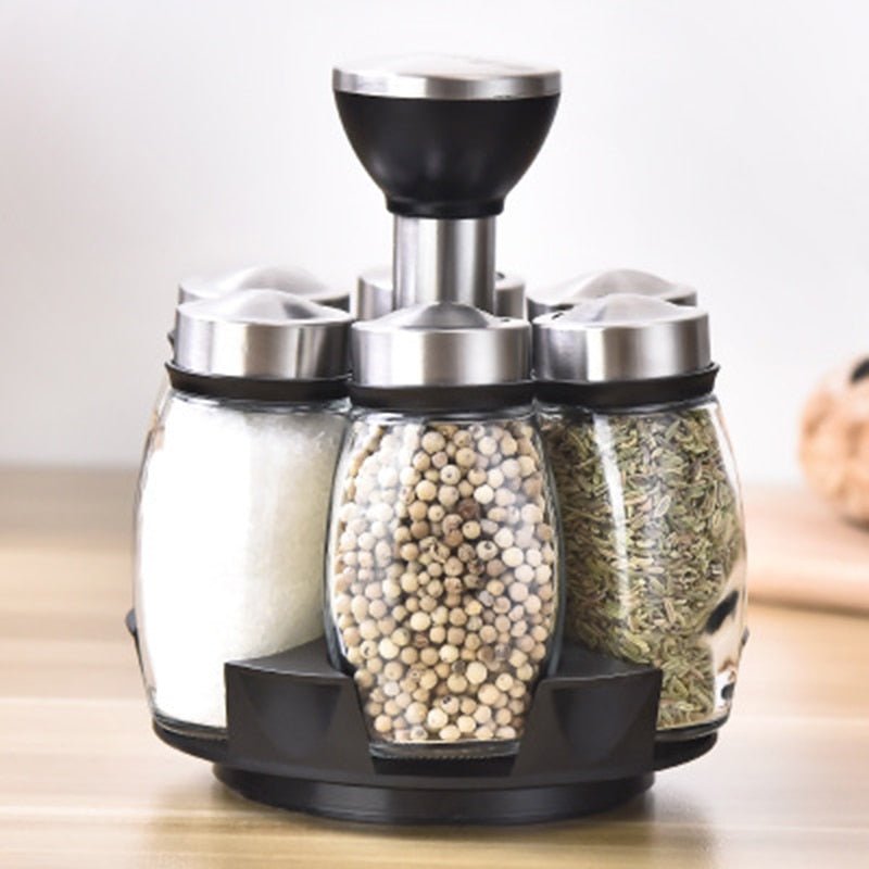 Kitchen Jars For Spices Rotating Glass Cruet Seasoning Jar Set BBQ Pepper Salt Shakers Paprika Bottle Kitchen Storage Rack Jar - DunbiBeauty, LLC