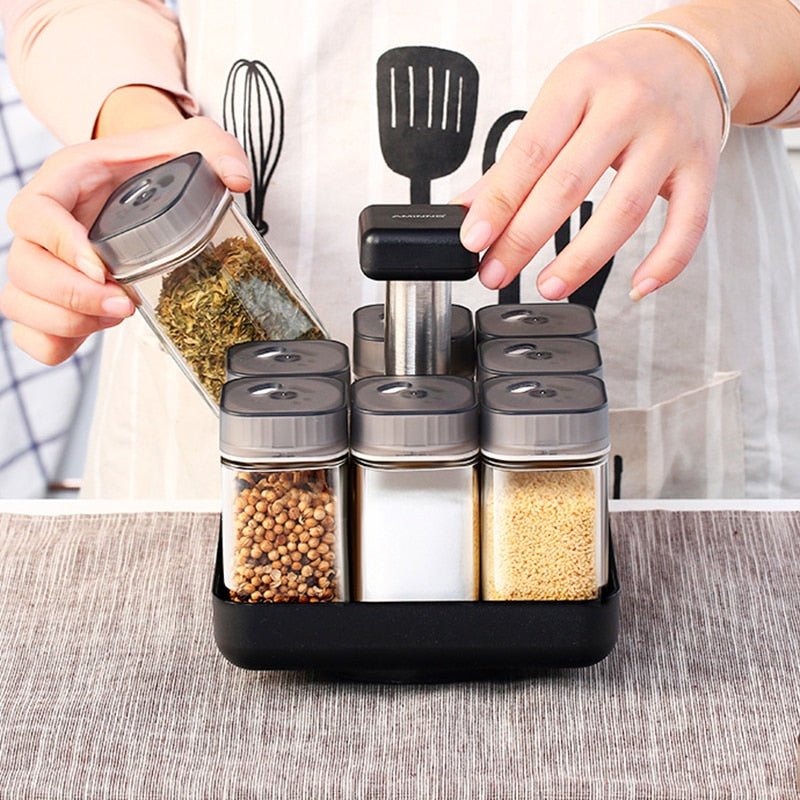 Kitchen Jars For Spices Rotating Glass Cruet Seasoning Jar Set BBQ Pepper Salt Shakers Paprika Bottle Kitchen Storage Rack Jar - DunbiBeauty, LLC