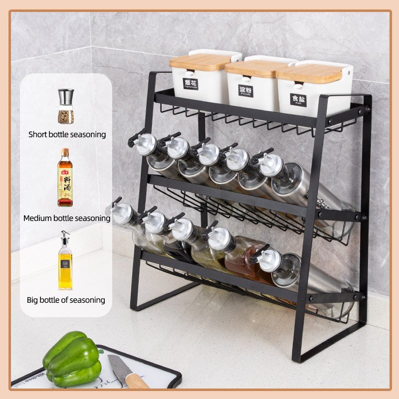 Kitchen Three Layer Metal Spice Storage Rack Spice Sauce Bottle Storage Large Capacity Multi-function Shelf Kitchens Supplies - DunbiBeauty, LLC