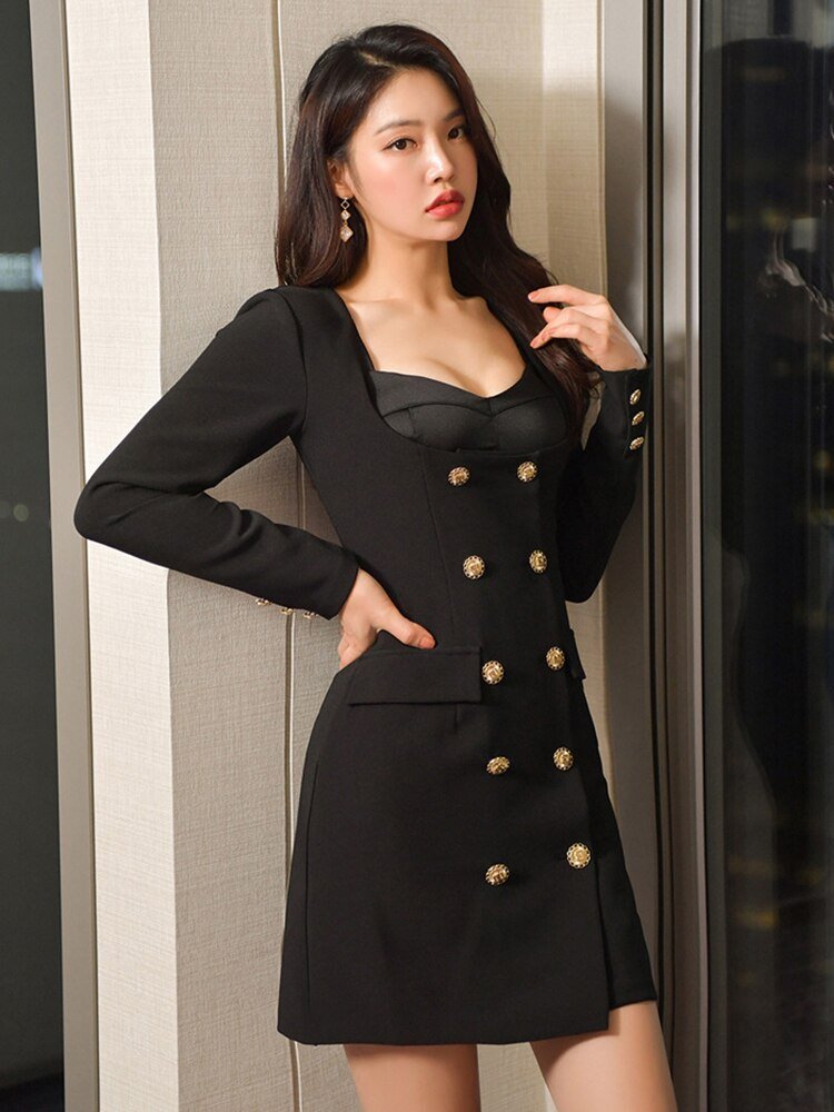 Korean 2 Piece Outfits Elegant Office Women Satin Sexy Strapless Short Tops Shirt Button Blazer Suit Mini Dress Femme Set Spring - DunbiBeauty, LLC