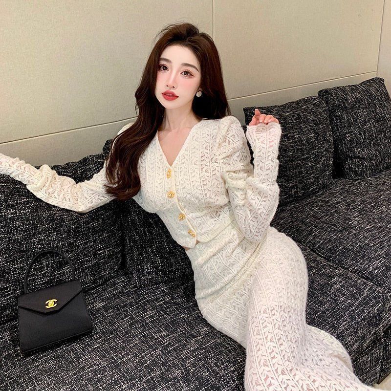 Korean Small Fragrance Women 2 Piece set Elegant Lace V-Neck Puff Sleeve Crop Tops+High Waist Mermaid Bodycon Skirt Sweet Suit - DunbiBeauty, LLC