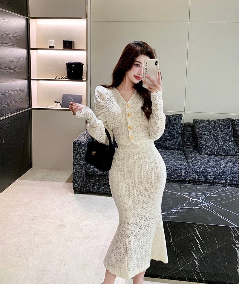 Korean Small Fragrance Women 2 Piece set Elegant Lace V-Neck Puff Sleeve Crop Tops+High Waist Mermaid Bodycon Skirt Sweet Suit - DunbiBeauty, LLC