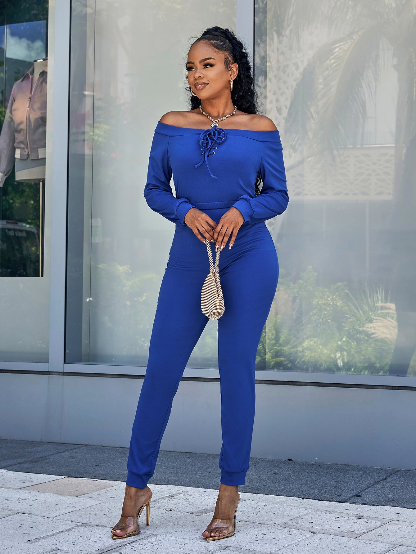 Lace-Up Off-Shoulder Long Sleeve Jumpsuit - DunbiBeauty, LLC