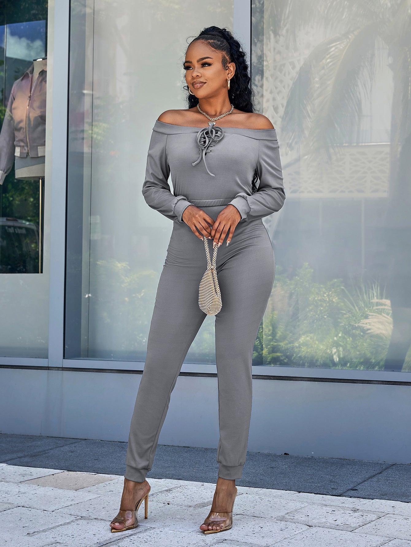 Lace-Up Off-Shoulder Long Sleeve Jumpsuit - DunbiBeauty, LLC