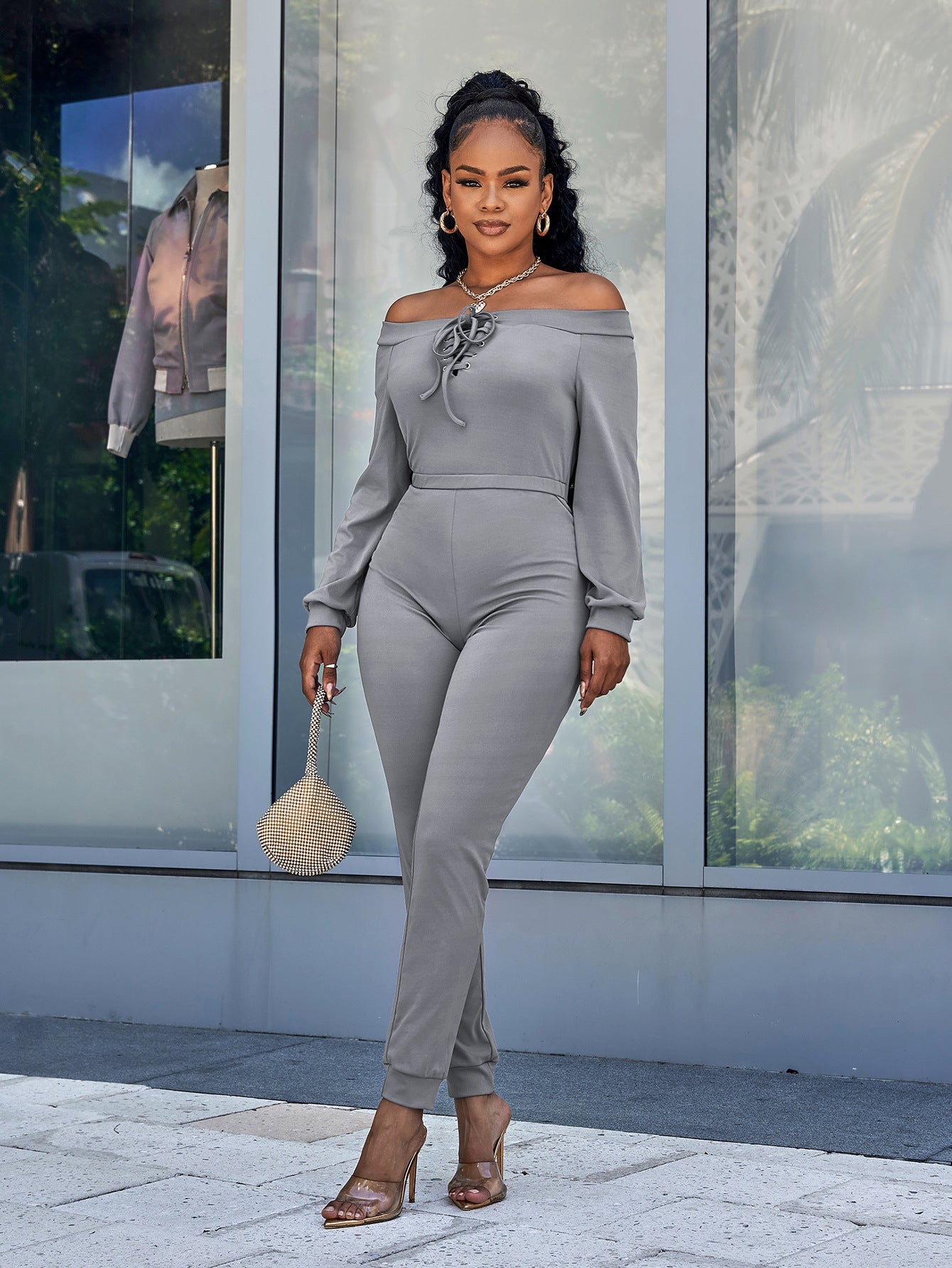 Lace-Up Off-Shoulder Long Sleeve Jumpsuit - DunbiBeauty, LLC