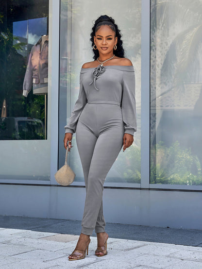 Lace-Up Off-Shoulder Long Sleeve Jumpsuit - DunbiBeauty, LLC