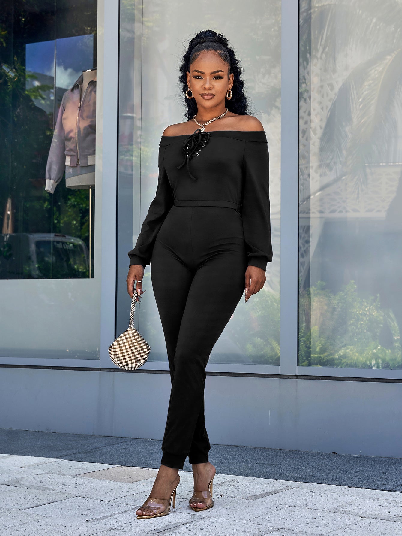 Lace-Up Off-Shoulder Long Sleeve Jumpsuit - DunbiBeauty, LLC