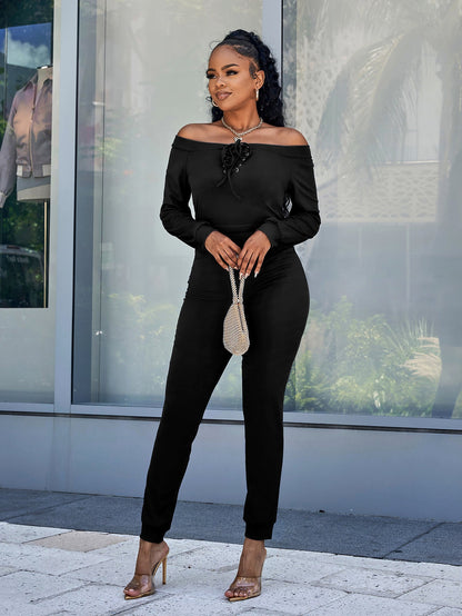 Lace-Up Off-Shoulder Long Sleeve Jumpsuit - DunbiBeauty, LLC