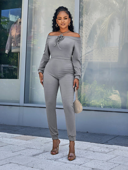 Lace-Up Off-Shoulder Long Sleeve Jumpsuit - DunbiBeauty, LLC