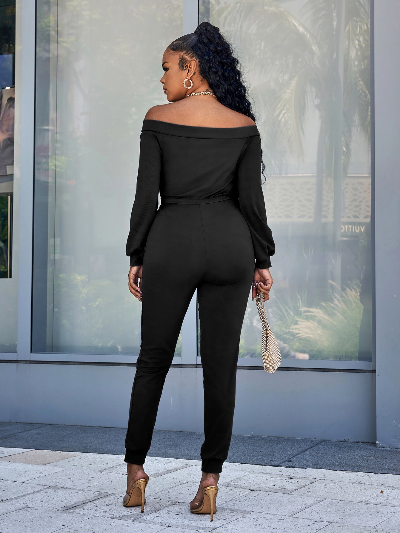 Lace-Up Off-Shoulder Long Sleeve Jumpsuit - DunbiBeauty, LLC