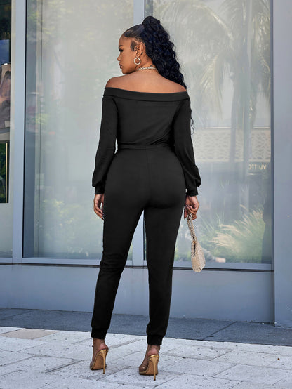 Lace-Up Off-Shoulder Long Sleeve Jumpsuit - DunbiBeauty, LLC