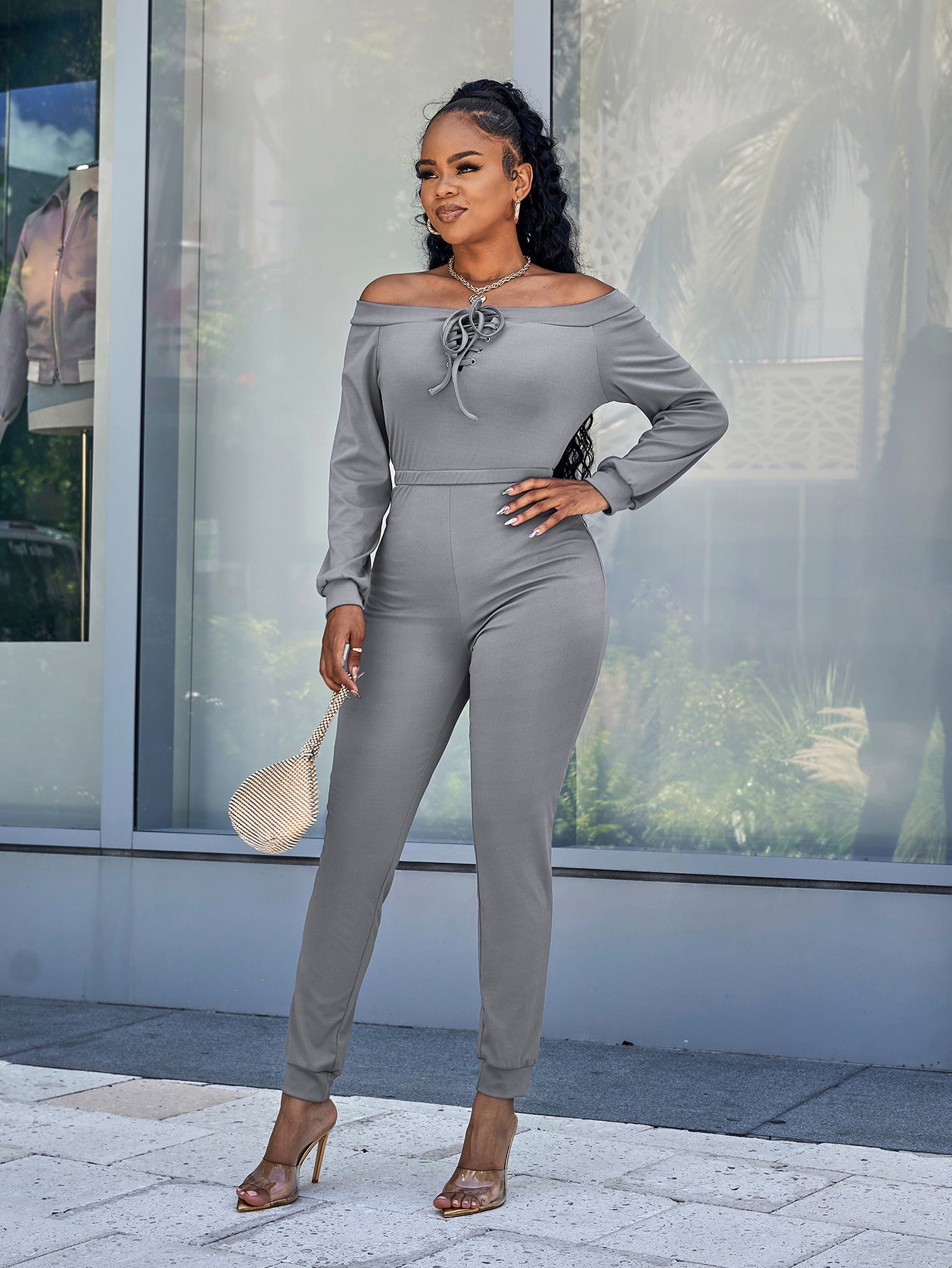 Lace-Up Off-Shoulder Long Sleeve Jumpsuit - DunbiBeauty, LLC