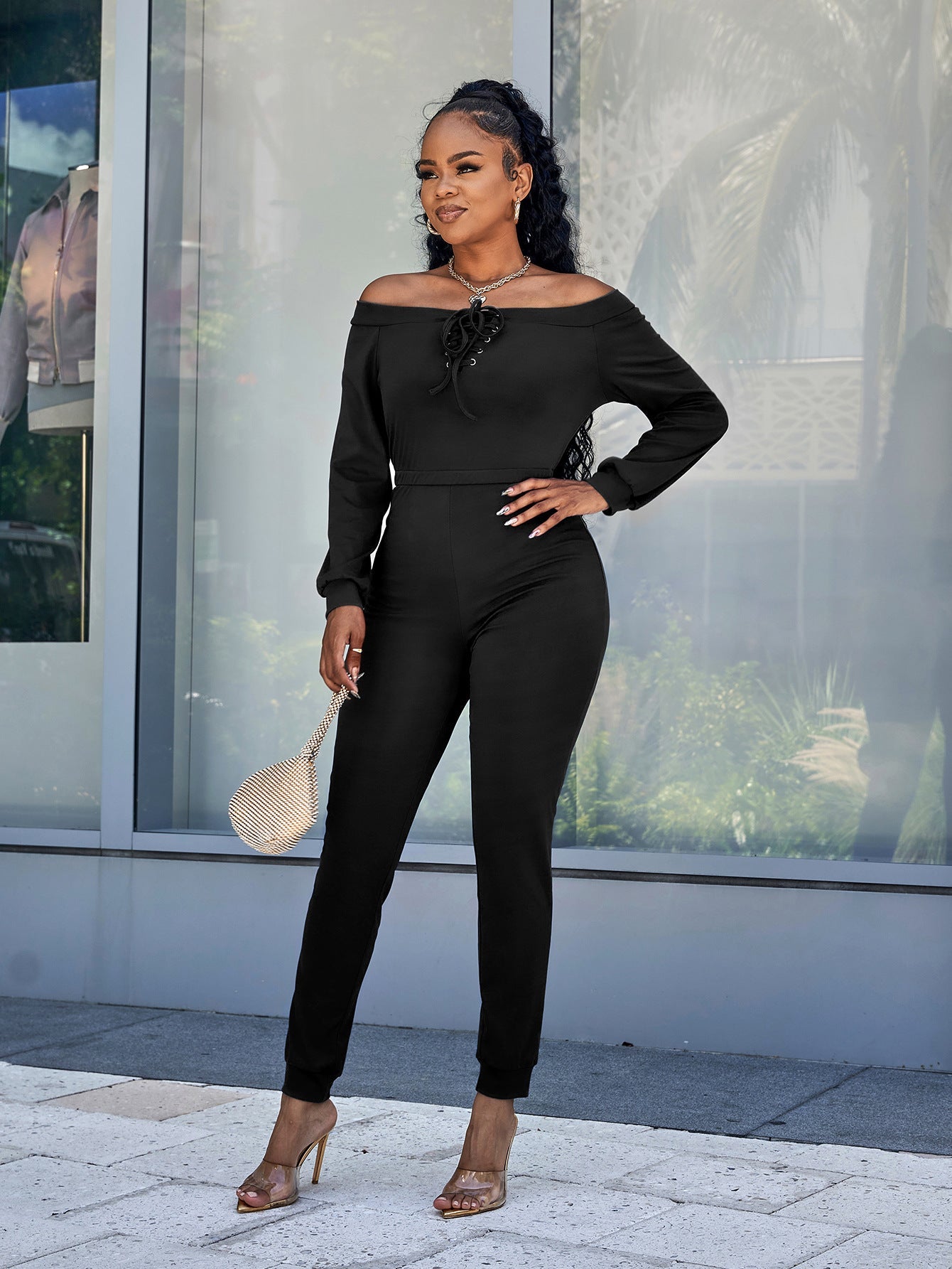 Lace-Up Off-Shoulder Long Sleeve Jumpsuit - DunbiBeauty, LLC