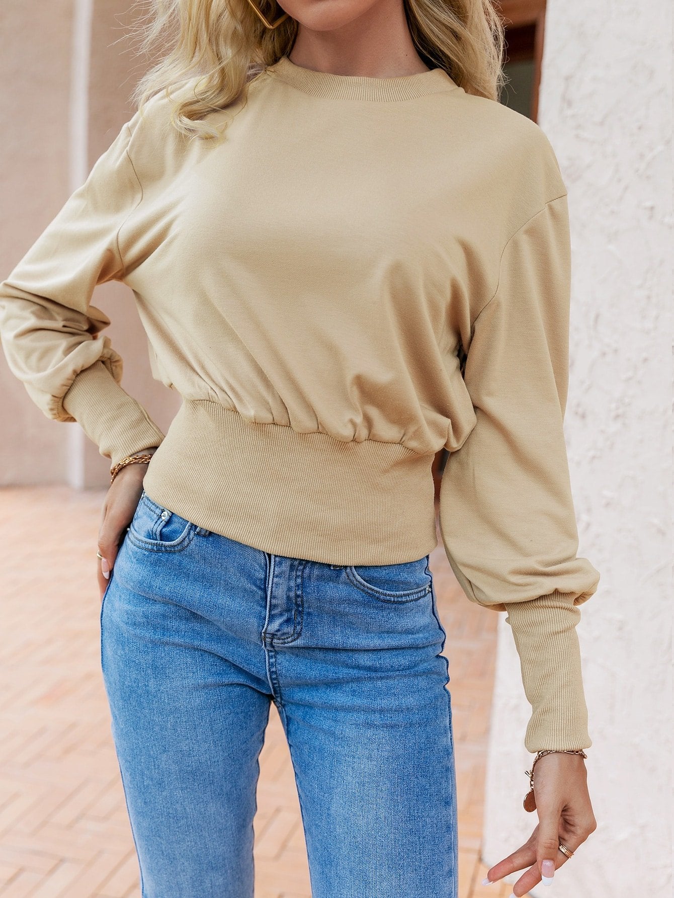 Lantern Sleeve Contrast Trim Sweatshirt - DunbiBeauty, LLC