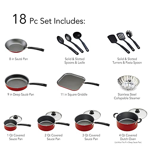 LEGENDARY-YES 18 Piece Nonstick Pots & Pans Cookware Set Kitchen Kitchenware Cooking NEW (RED) - DunbiBeauty, LLC