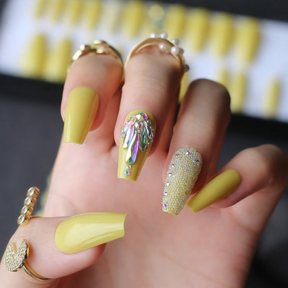 Lemon yellow ballet false nails Cute summer fake nails coffin AB rainbow Small diamond press on nails Adhesive tabs sticker - DunbiBeauty, LLC