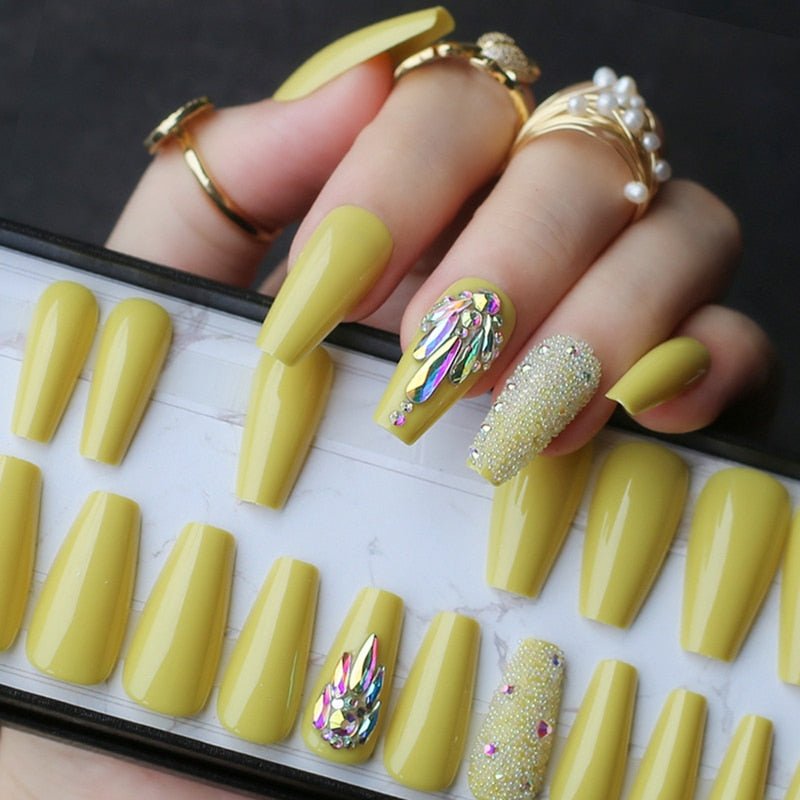 Lemon yellow ballet false nails Cute summer fake nails coffin AB rainbow Small diamond press on nails Adhesive tabs sticker - DunbiBeauty, LLC