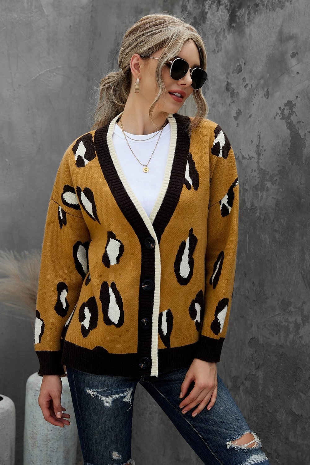 Leopard Buttoned Open Front Knitted Sweater - DunbiBeauty, LLC