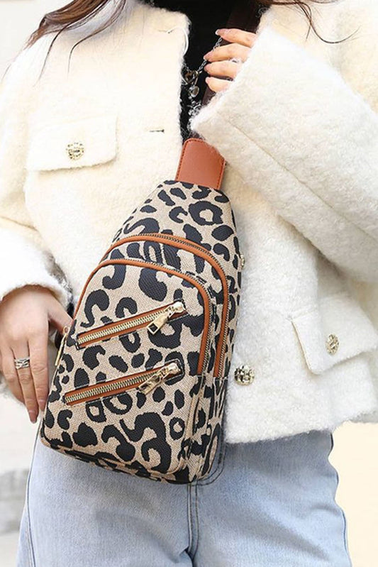 Leopard Leopard Print Multi-Zip Inclined Shoulder Bag - DunbiBeauty, LLC