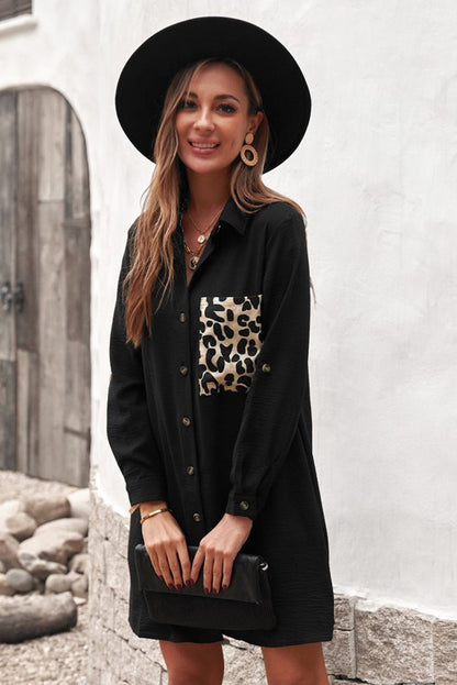 Leopard Patch Textured Shirt Dress - DunbiBeauty, LLC