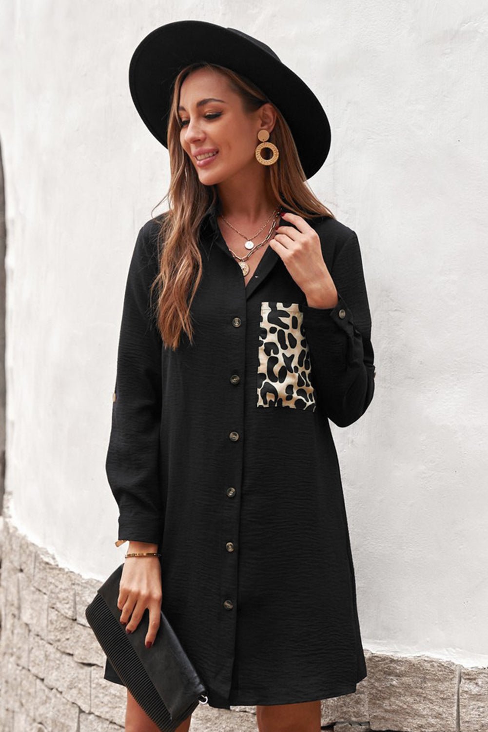 Leopard Patch Textured Shirt Dress - DunbiBeauty, LLC