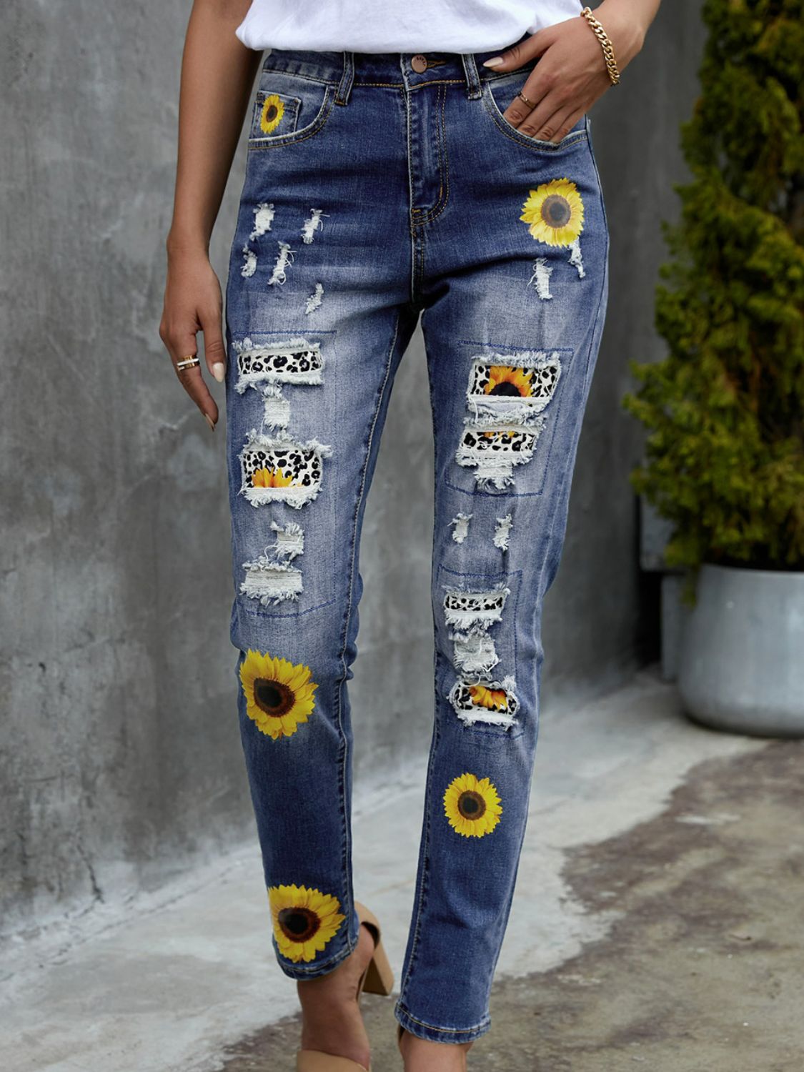 Leopard Patchwork Sunflower Print Distressed High Waist Jeans - DunbiBeauty, LLC