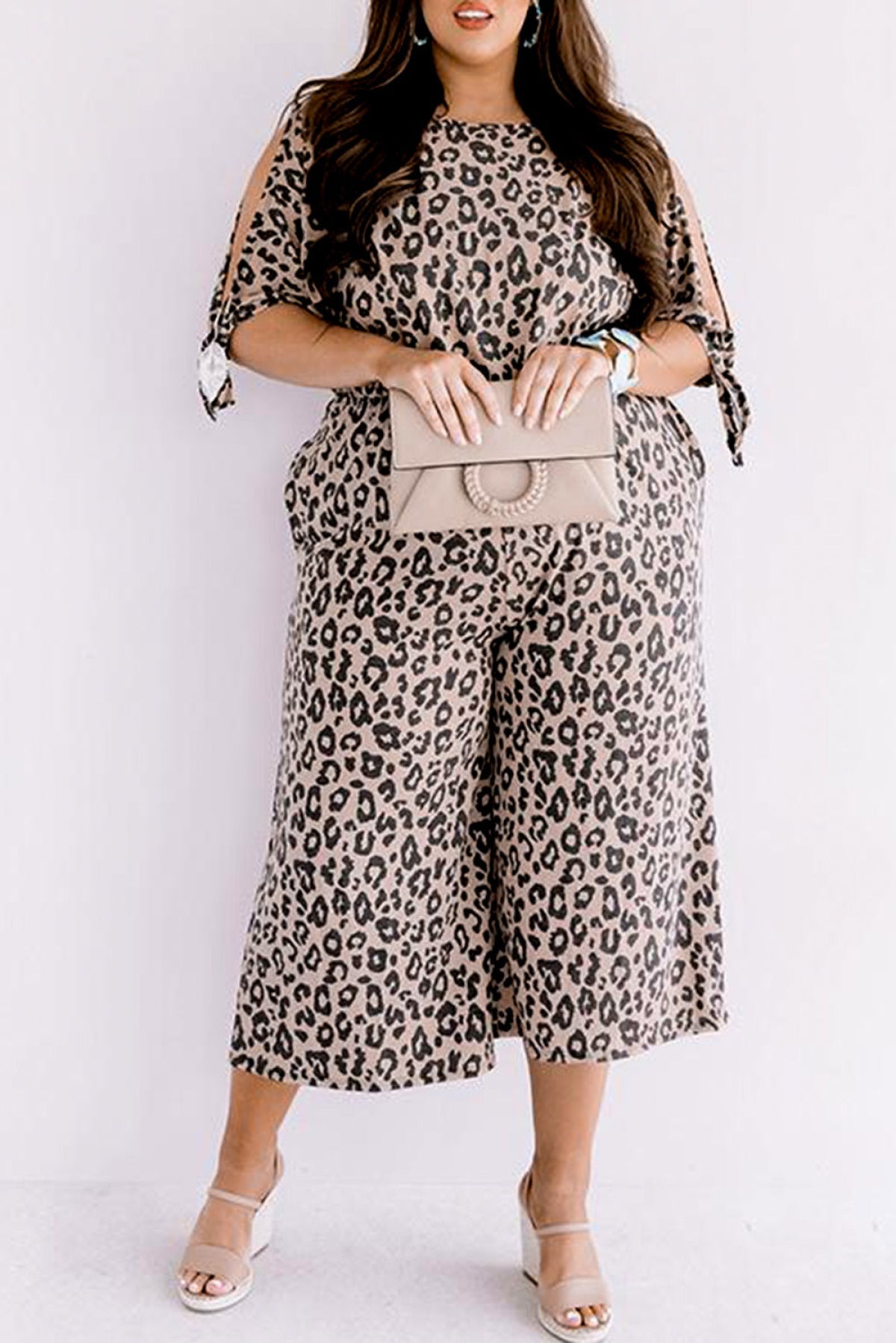 Leopard Print Cut-Out Half Sleeve Plus Size Jumpsuit - DunbiBeauty, LLC