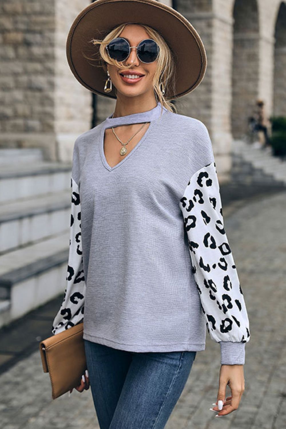 Leopard Print Cutout Long Sleeve Tee - DunbiBeauty, LLC