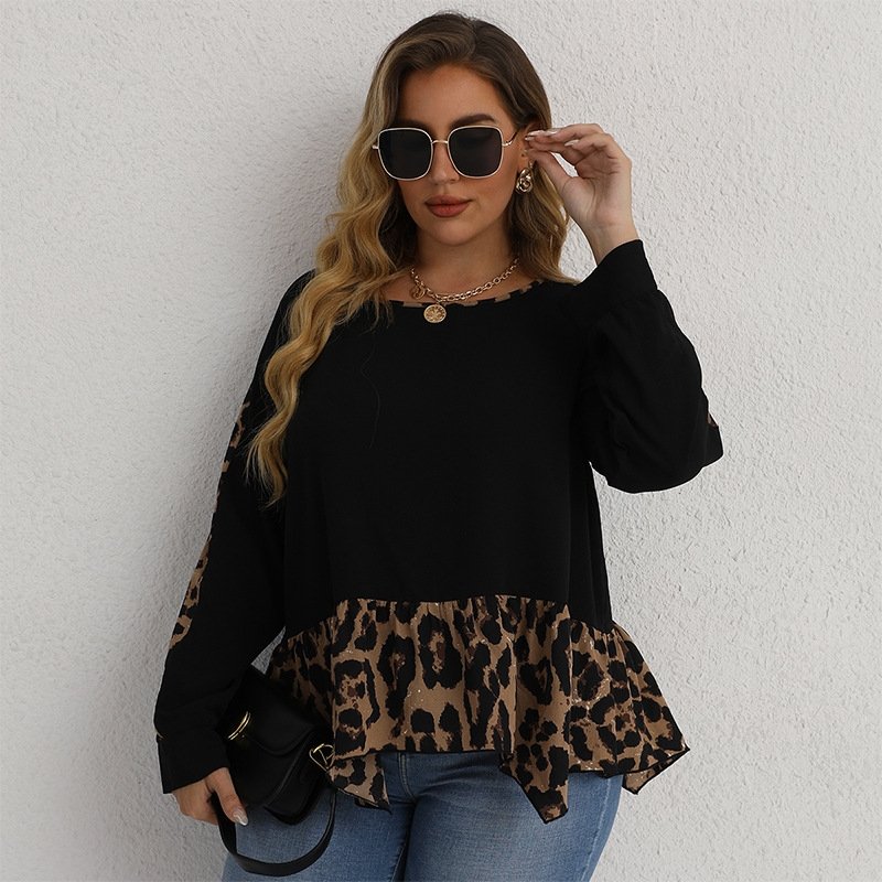 Leopard Print Plus Size Long-Sleeved Women's Blouse - DunbiBeauty, LLC