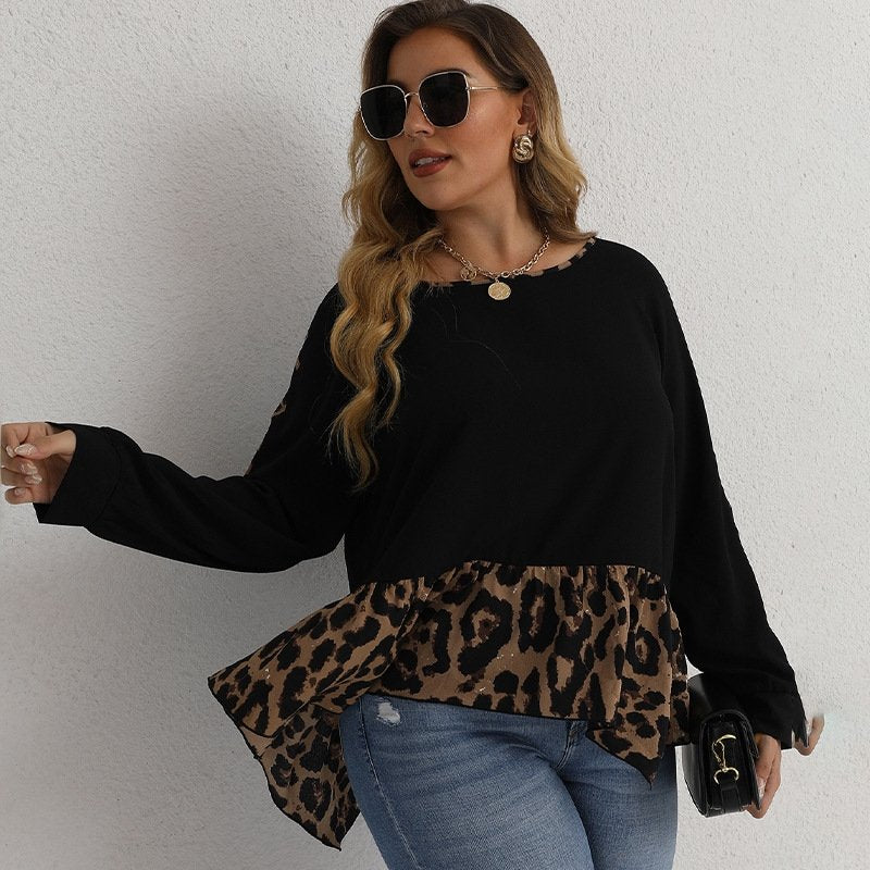 Leopard Print Plus Size Long-Sleeved Women's Blouse - DunbiBeauty, LLC