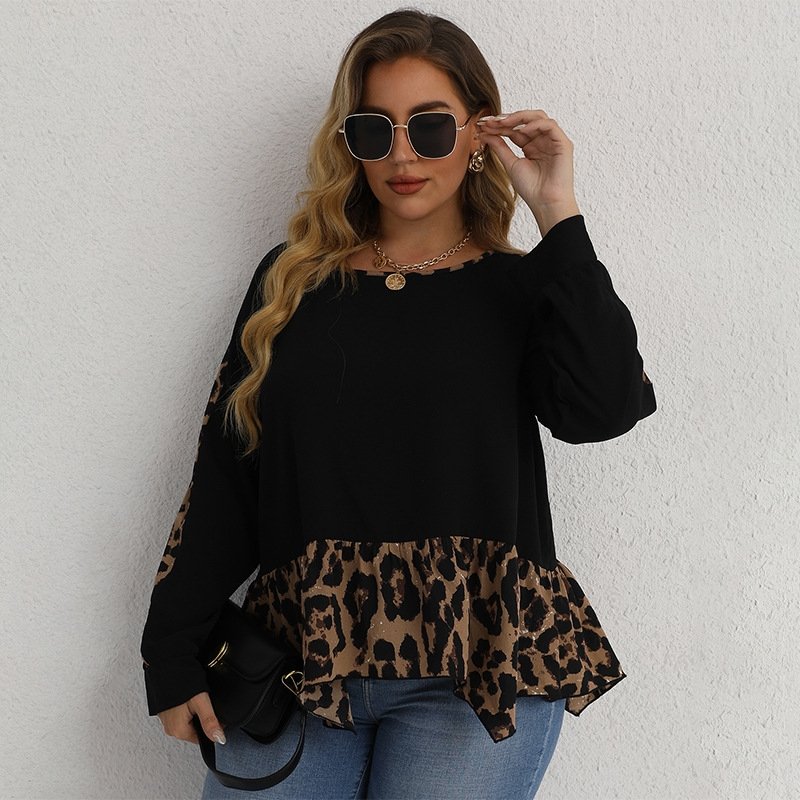 Leopard Print Plus Size Long-Sleeved Women's Blouse - DunbiBeauty, LLC