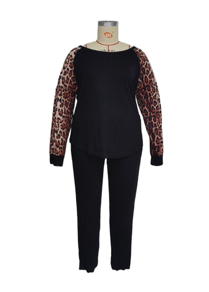 Leopard Sleeve Blouse & Pants Two-Piece Set - DunbiBeauty, LLC