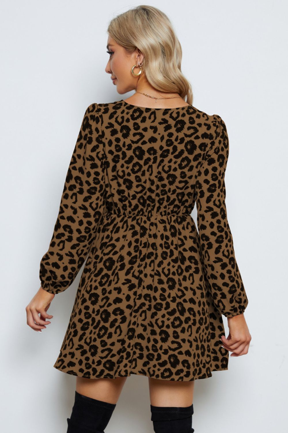 Leopard V-Neck Balloon Sleeve Dress - DunbiBeauty, LLC