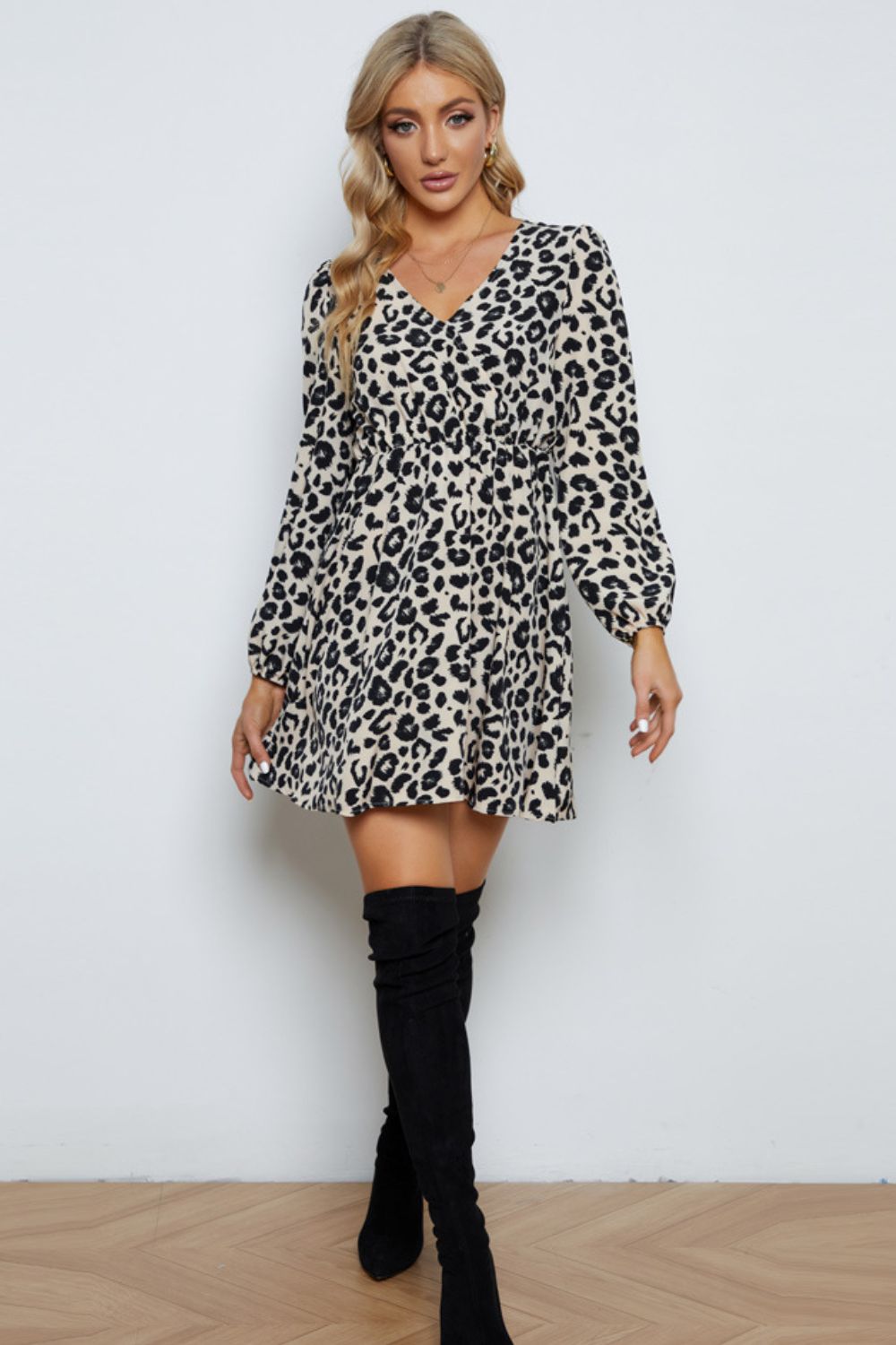 Leopard V-Neck Balloon Sleeve Dress - DunbiBeauty, LLC