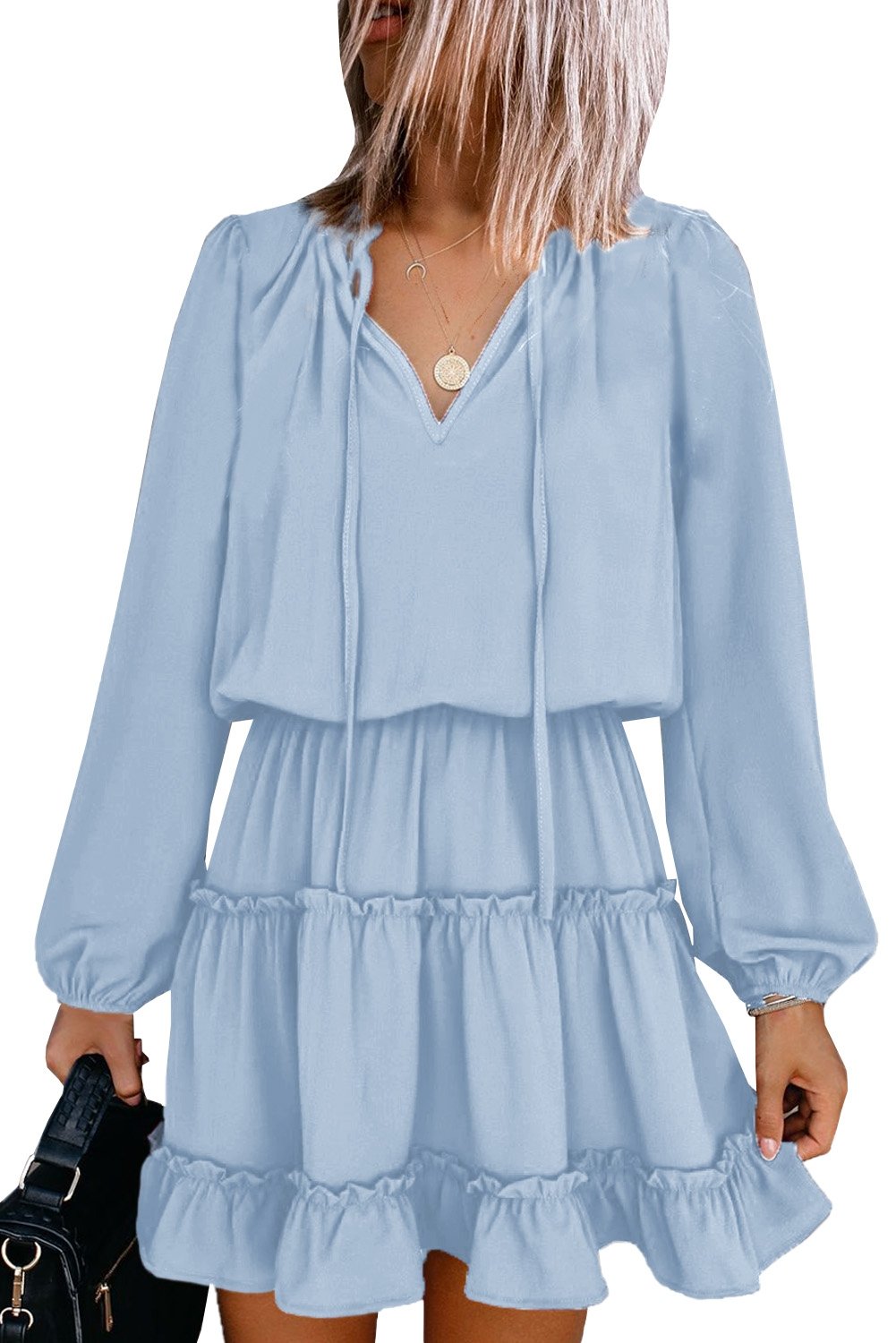 Light Blue V Neck Long Sleeve Ruffle Tiered Mini Dress - DunbiBeauty, LLC