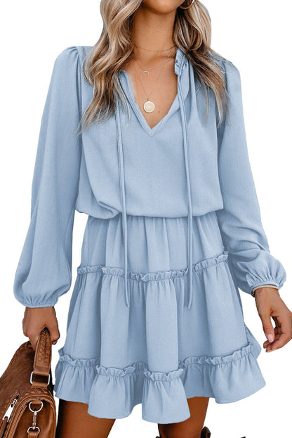 Light Blue V Neck Long Sleeve Ruffle Tiered Mini Dress - DunbiBeauty, LLC