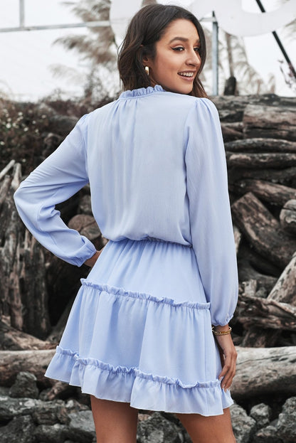 Light Blue V Neck Long Sleeve Ruffle Tiered Mini Dress - DunbiBeauty, LLC