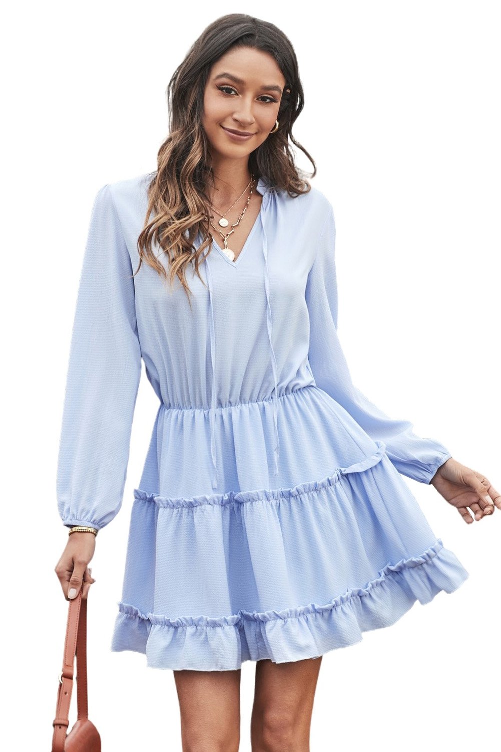 Light Blue V Neck Long Sleeve Ruffle Tiered Mini Dress - DunbiBeauty, LLC