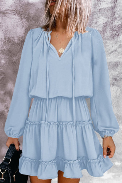 Light Blue V Neck Long Sleeve Ruffle Tiered Mini Dress - DunbiBeauty, LLC