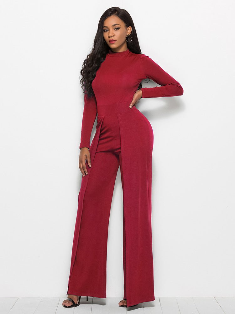 Long Sleeve Mock Neck Wide Leg Jumpsuit - DunbiBeauty, LLC