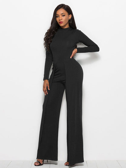 Long Sleeve Mock Neck Wide Leg Jumpsuit - DunbiBeauty, LLC