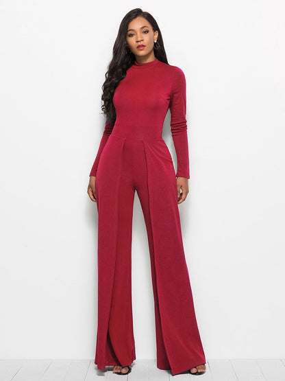 Long Sleeve Mock Neck Wide Leg Jumpsuit - DunbiBeauty, LLC